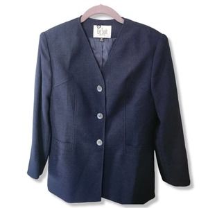 Le Suit Women's Navy Blue Collarless Blazer Jacket 3 button Petite 8 M preppy